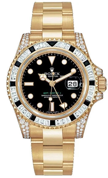Rolex GMT Master II 18K Yellow Gold & Diamonds & Black Sapphires Men's Watch, Preowned-116758SANR